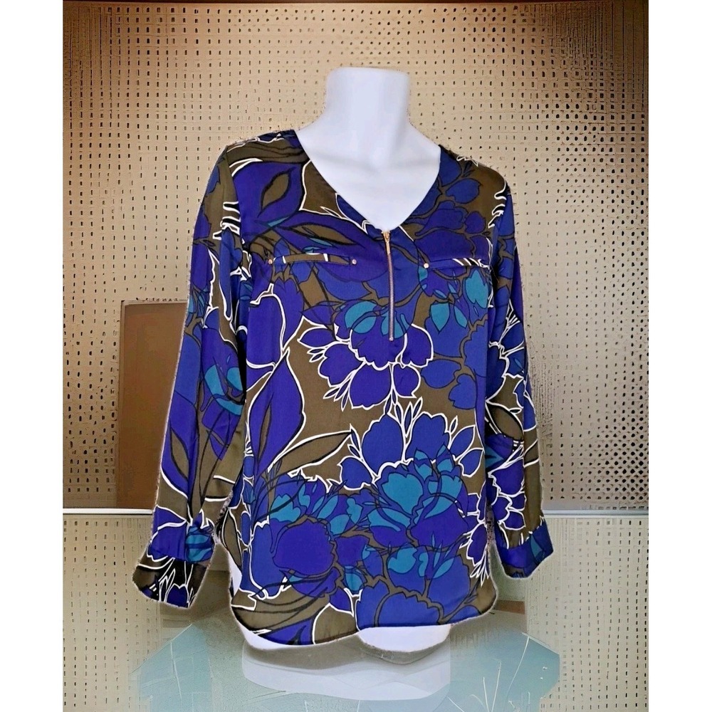 Apt 9 Tunic Top 1X Blue Floral Zip‎ Front V-neck Pleated Back Long Sleeve Career